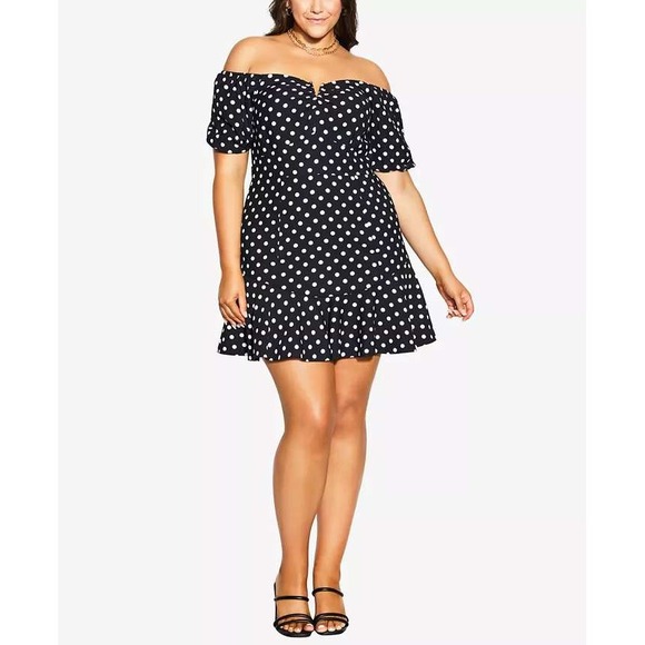 City Chic Emma Plus Size Black Polka Dot Cold Shoulder Ruffle Dress XXL / 24 NEW - Picture 1 of 7